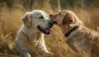 dorado perros perdigueros mascotas en el acampar generativo ai foto