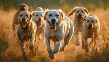 golden retrievers pets running in the camp generative AI photo