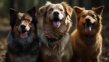 A row of loyal, cute purebred pets sitting outdoors smiling generative AI photo