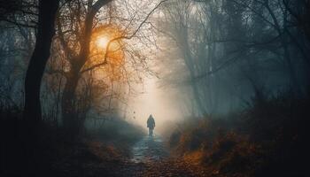 One person walking through spooky forest, autumn mystery surrounds generative AI photo