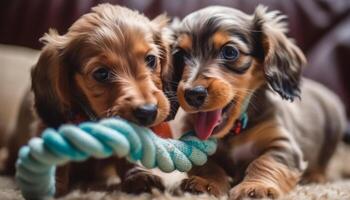 Two pampered pets playing with toy rope, affectionate friendship shown photo