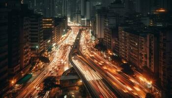 Rushing cars ignite the city skyline in blurred motion generative AI photo