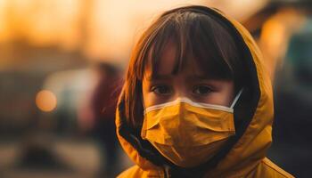 linda niños vistiendo protector mascaras sonrisa en retroiluminado naturaleza escena generativo ai foto