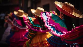 mexicano músicos en tradicional ropa realizar a al aire libre música festival generativo ai foto