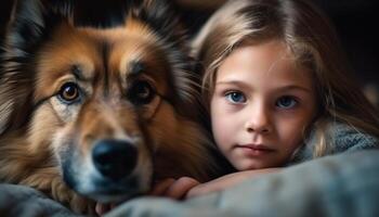 Smiling Caucasian girl embraces playful Shetland Sheepdog for pure canine happiness generative AI photo