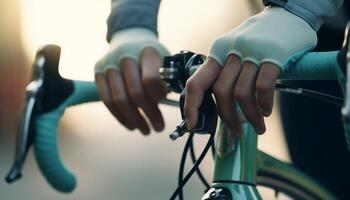 One person cycling outdoors, repairing bike with wrench and equipment generative AI photo