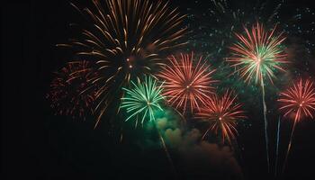 Night sky ablaze with multi colored fireworks exploding in celebration photo
