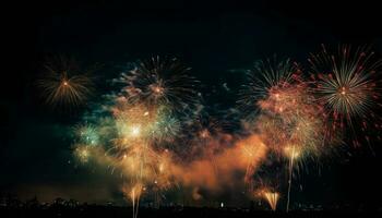 brillante, multi de colores fuegos artificiales explotando en vibrante celebracion de cuarto de julio generativo ai foto