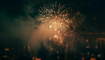 Fourth of July celebration ignites city skyline with vibrant fireworks generative AI photo