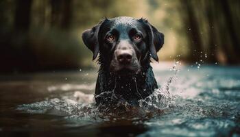 Purebred retriever sits in wet grass, looking at camera playfully photo