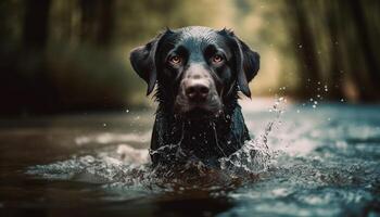 Purebred retriever sits in wet grass, looking at camera playfully generative AI photo