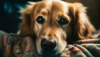 Golden retriever puppy sitting, looking at camera with loyalty generated by AI photo