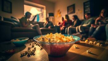 A large group of friends enjoy a movie night together generated by AI photo