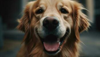 Close up portrait of cute purebred golden retriever sitting outdoors generated by AI photo