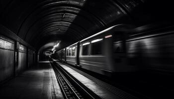 Inside the modern subway train, leaving the dark tunnel generated by AI photo