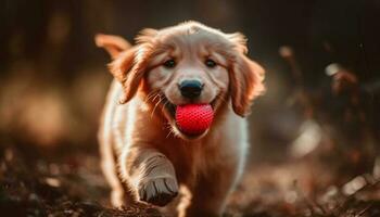 un alegre chocolate Labrador perrito jugando con un amarillo pelota al aire libre generado por ai foto