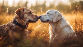 Smiling retrievers sitting together, enjoying the beauty of nature generated by AI photo