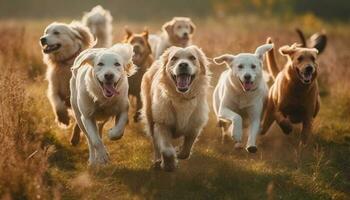 Golden retriever puppy jumping in the sunlight, playful and cute generated by AI photo