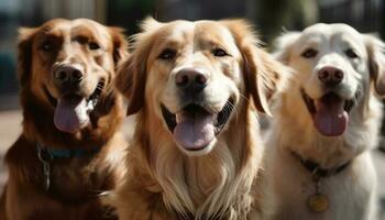 Three playful pets, a labrador, hound, and golden retriever, smiling generated by AI photo