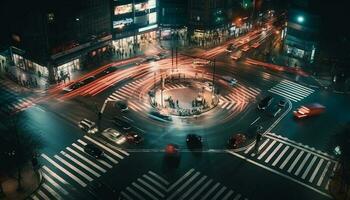 Nighttime rush hour Blurred motion, glowing city life, crowded streets generated by AI photo