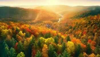vibrante otoño paisaje amarillo, naranja, y verde hojas en arboles generado por ai foto