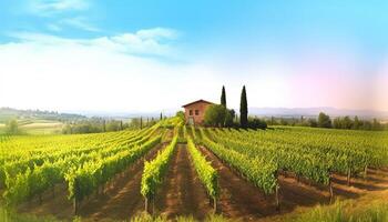 Green vineyards in Chianti region, Italian culture in panoramic view generated by AI photo