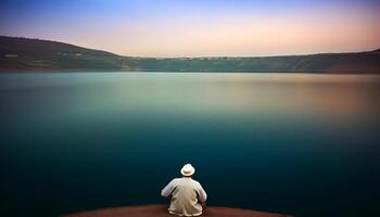 One person sitting, looking at tranquil sunset over serene coastline generated by AI photo