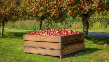 maduro jugoso manzanas escogido desde orgánico manzana árbol en huerta generado por ai foto