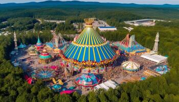 Colorful carnival ride spins high above forest in Bavarian celebration generated by AI photo