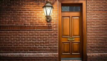 Ornate lantern handle illuminates rustic brick wall in modern apartment generated by AI photo
