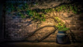 Old brick wall with nature growth, a vase of flowers generated by AI photo