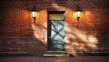 Illuminated brick wall and lantern create elegant night backdrop generated by AI photo
