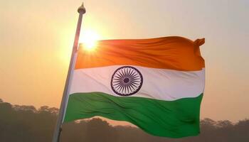 Flying Indian flag waving in pride against majestic sunset backdrop generated by AI photo