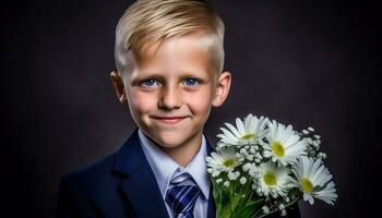Cute schoolboy holding daisy, smiling with confidence at camera indoors generated by AI photo