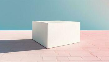 geométrico regalo caja en pedestal, futurista embalaje para lujo presentación generado por ai foto