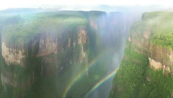 Majestic mountain range, high up, with panoramic aerial view generated by AI photo