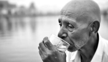 One mature Caucasian businessman holding drinking glass, enjoying purified water generated by AI photo