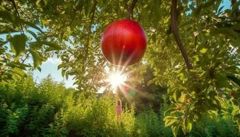 Green leaves and ripe fruit on apple tree in meadow generated by AI photo