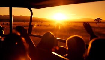 Driving car on road trip, sunset silhouette, group vacation adventure generated by AI photo