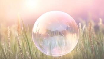 Transparent sphere reflects bright sunset, blowing in wind beauty generated by AI photo