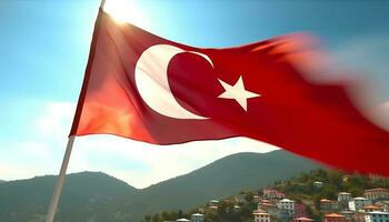 Majestic mountain waves flag in clear sky, symbolizing Turkish patriotism generated by AI photo