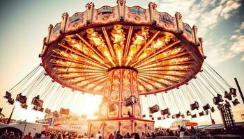 Family enjoys vibrant carnival ride, spinning high up with excitement generated by AI photo