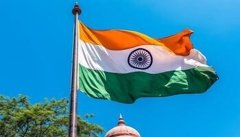 Flying flagpole symbolizes patriotism and unity in a rural scene generated by AI photo