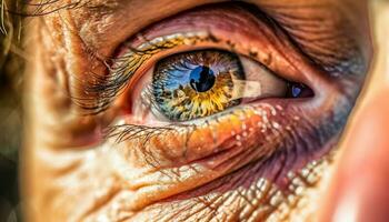 One person staring at camera, blue eye with selective focus generated by AI photo
