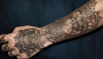 Elegant henna tattoo design on young woman hand, symbolizing individuality generated by AI photo