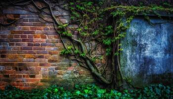 Ancient forest growth on old brick wall, nature beauty preserved generated by AI photo