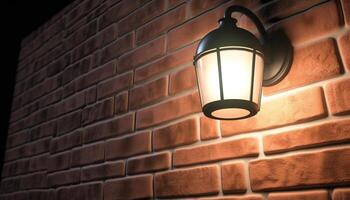 Shiny lantern hangs on brick wall, illuminating elegant pattern generated by AI photo