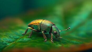 Metallic weevil crawls on green leaf in springtime forest generated by AI photo