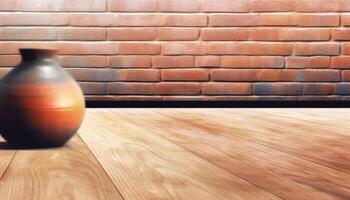 Rustic earthenware jug on rough plank table in old room generated by AI photo