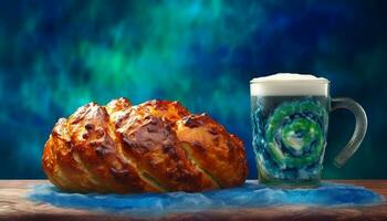 Rustic coffee cup on wooden table with fresh baked bread generated by AI photo